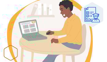 Graphic of student sitting at a desk and doing homework on a laptop