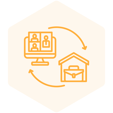 School with arrow pointing to computer, computer with arrow pointing to school icon