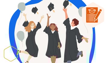 Graphic of students in graduation gowns throwing their grad caps in the air and celebrating