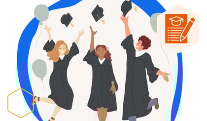 Graphic of students in graduation gowns throwing their grad caps in the air and celebrating