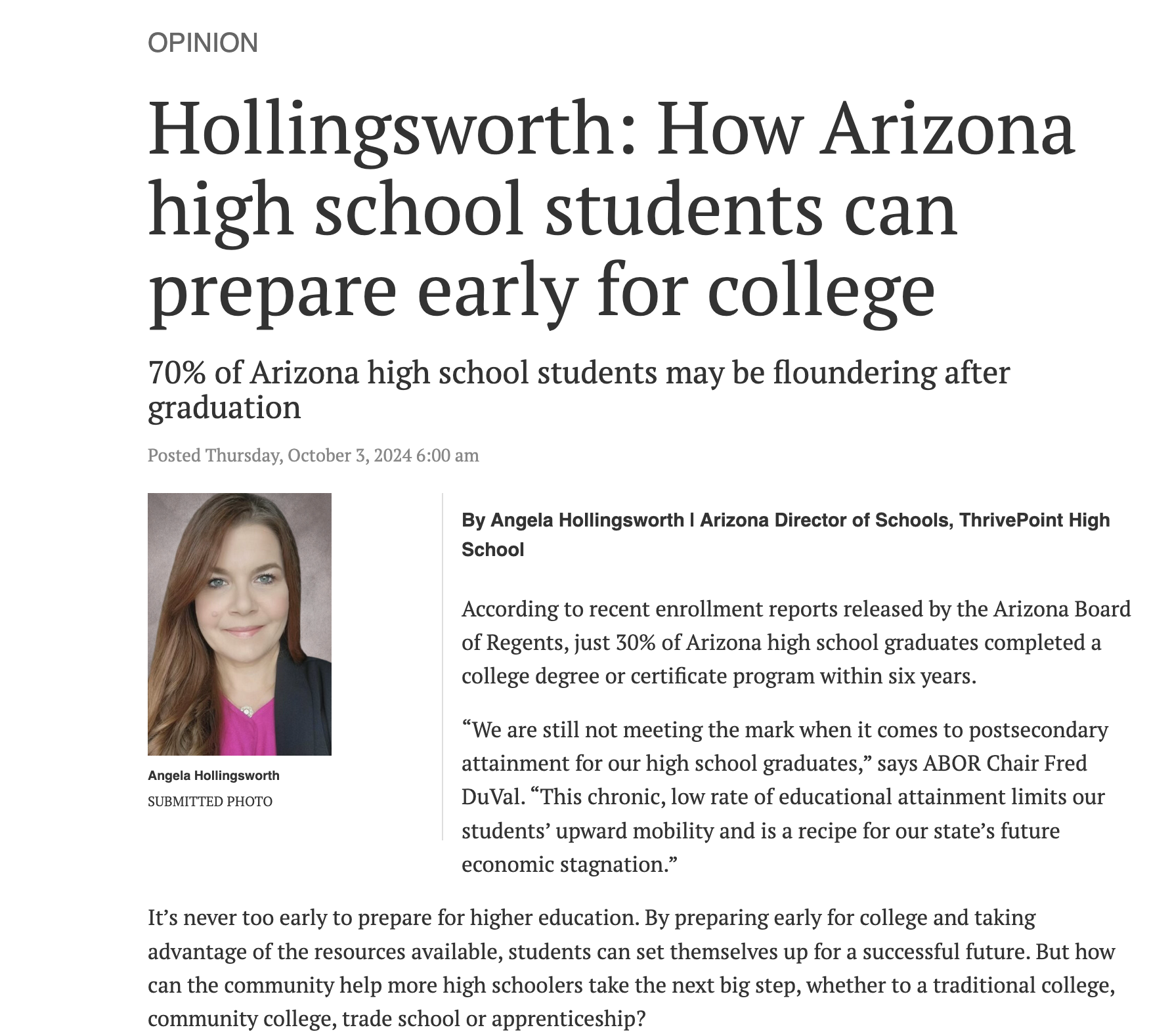 Screenshot of Angela Hollingsworth Daily Independent October 2024